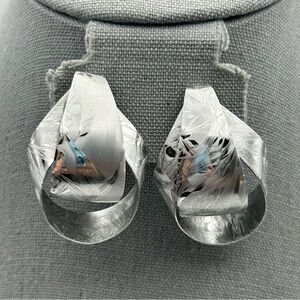 Vintage Silver Tone Metal Layered Textured Curved Stud Earrings Statement Unique